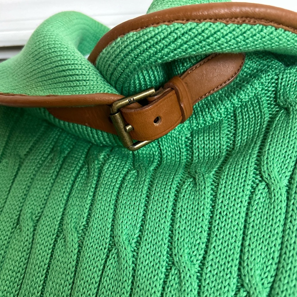 Ralph Lauren Green Cable Knit Sleeveless Sweater Brown Leather Buckle Medium
